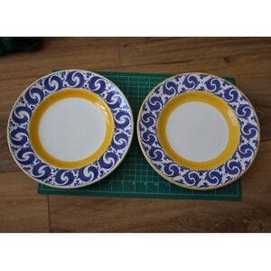 Herend Hungary Village Pottery Blue Scroll Yellow 11 Inch Dinner Plates Set